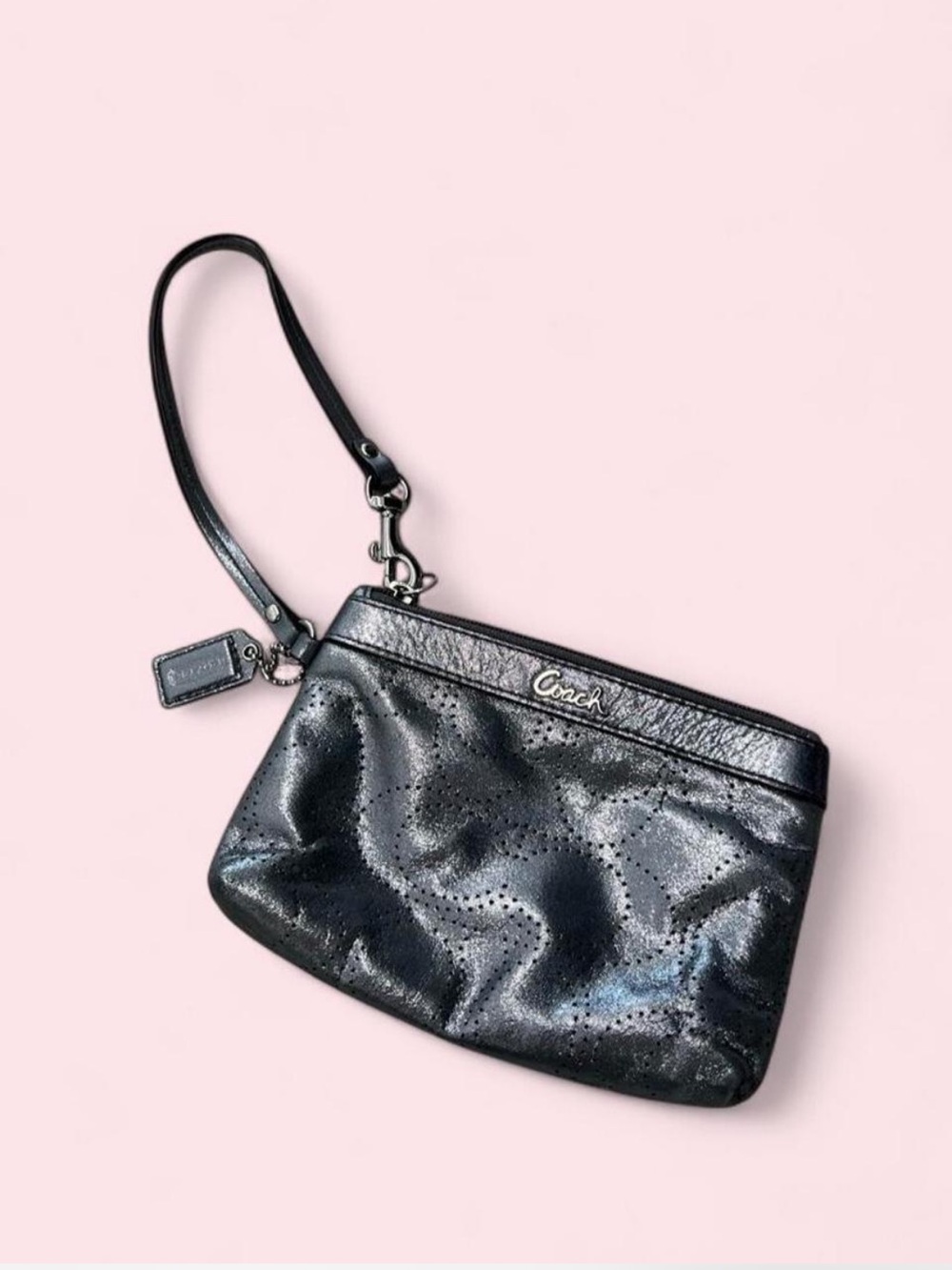 Coach Metallic Perforated Leather Wristlet with Strap